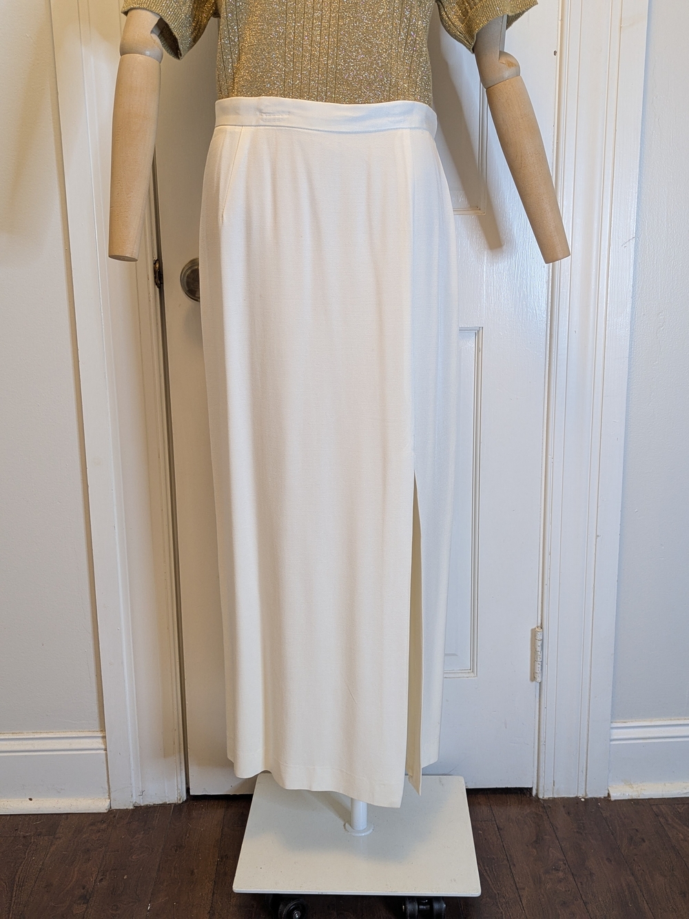 Vintage Cream Maxi Column Skirt with Front Side Slit